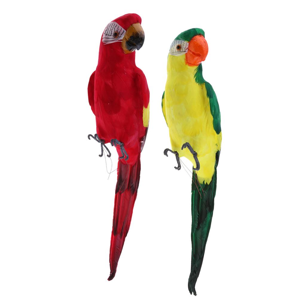 2pcs Feathered Artificial Macaw Bird Home Garden Decor Parrot Green&Red