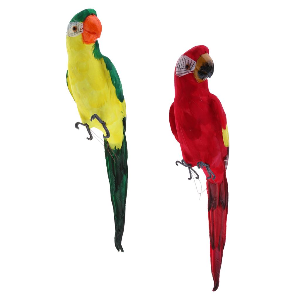 2pcs Feathered Artificial Macaw Bird Home Garden Decor Parrot Green&Red