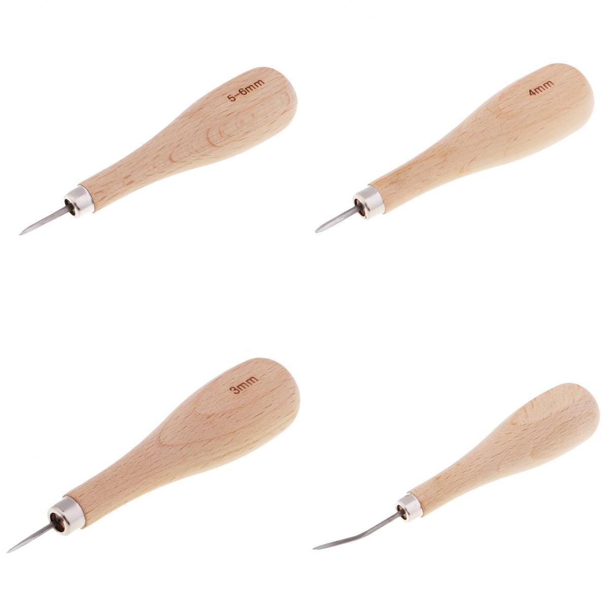 4 Pieces Wooden Handle Leather Stitcher Sewing Steel Awl for Leather Crafts