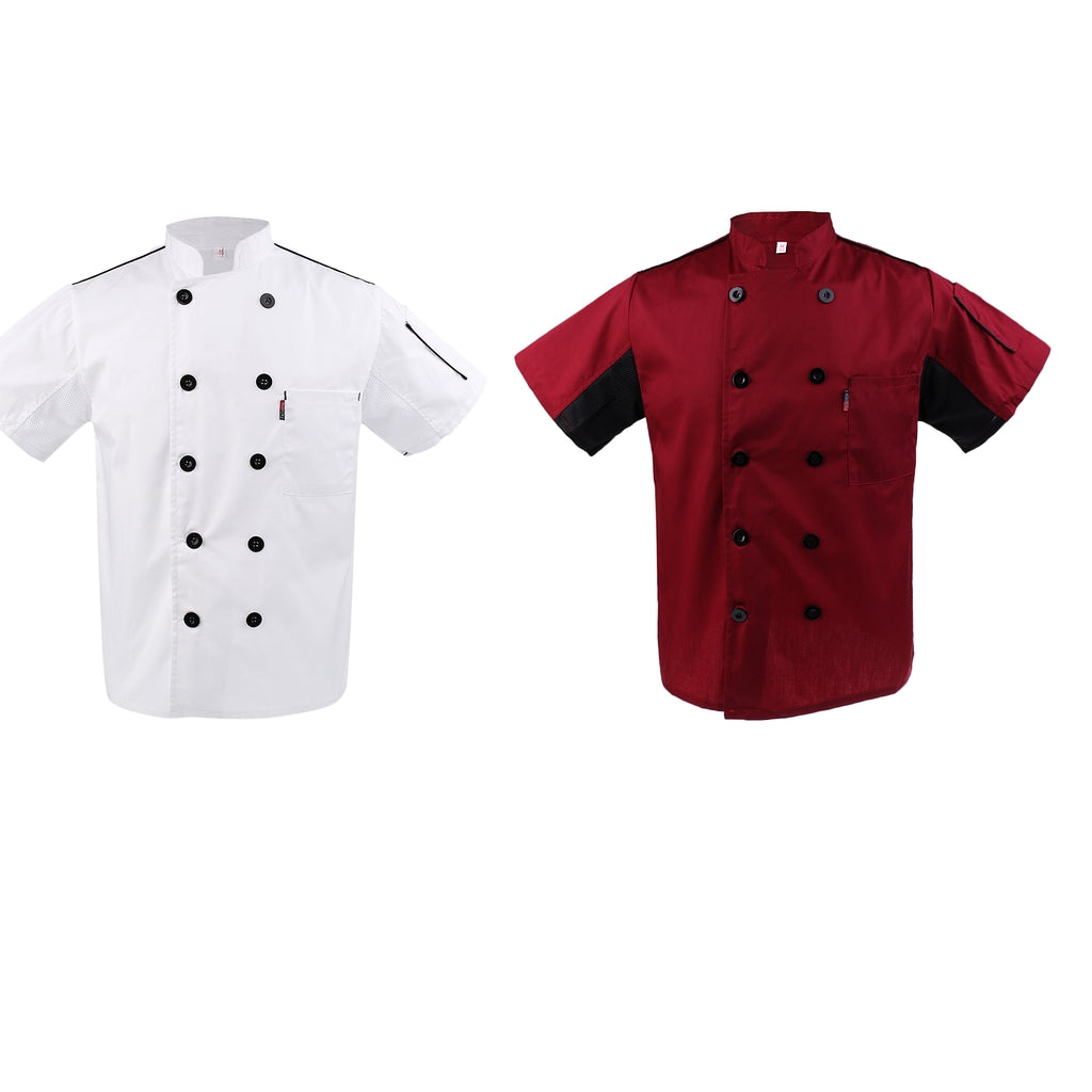 2x Unisex Red+White Short Sleeve Restaurant Hotel Cook Coat M