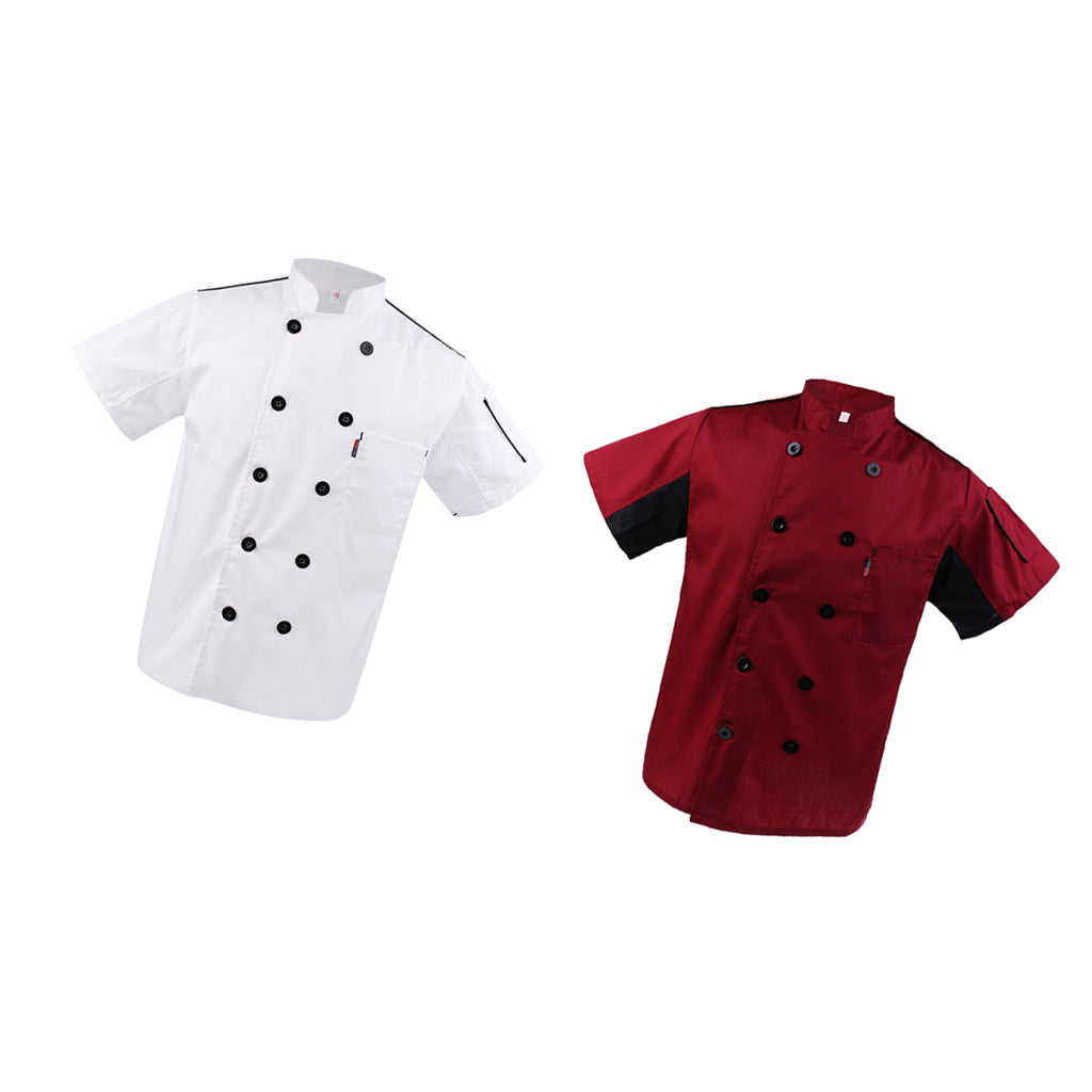 2x Unisex Red+White Short Sleeve Restaurant Hotel Cook Coat M