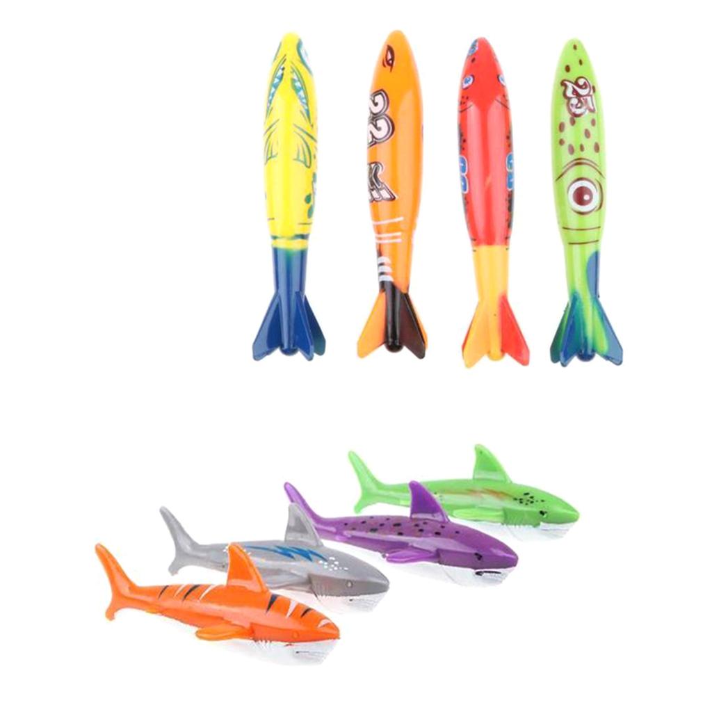 8Pcs Colorful Diving Sticks Kids Swimming Underwater Toy Gift Shark Torpedo