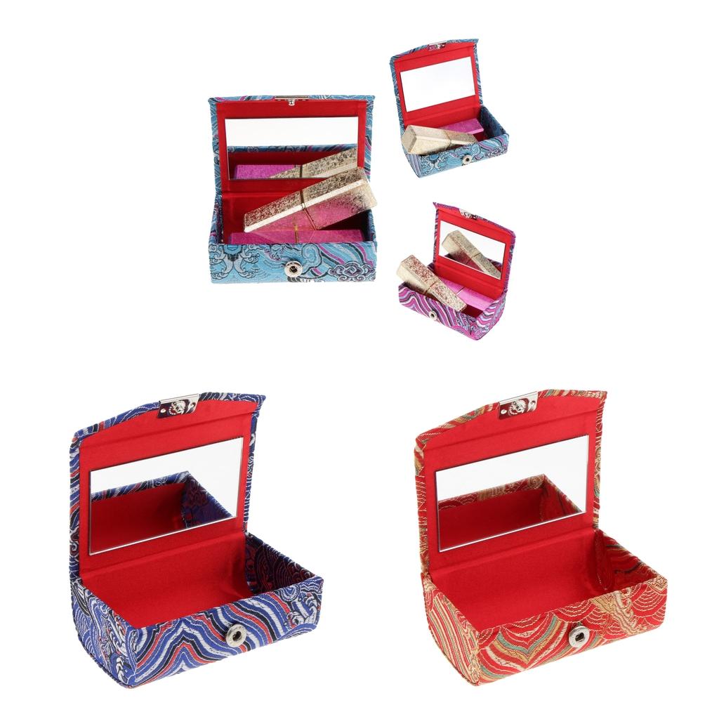 2x Embroidery Jewelry Makeup Double Lipstick Holder Case w/ Mirror Blue Red