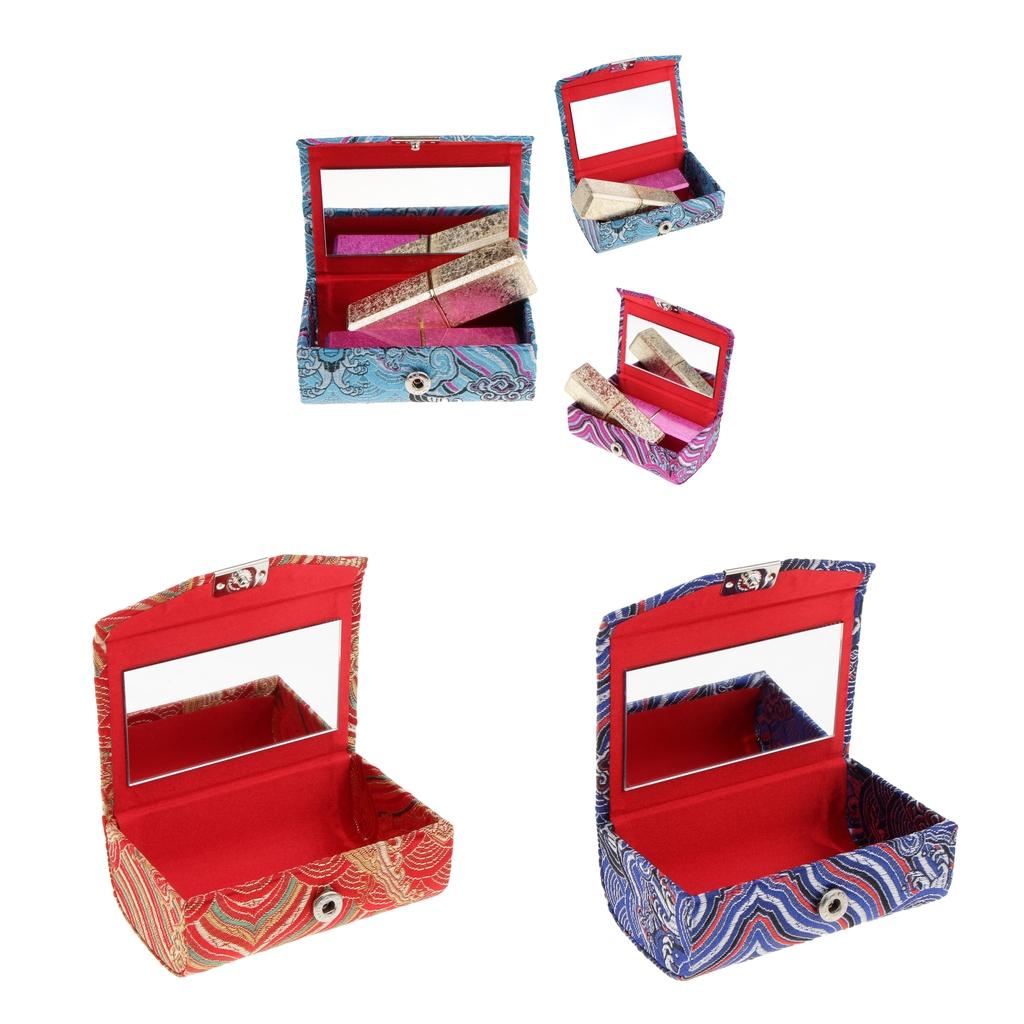 2x Embroidery Jewelry Makeup Double Lipstick Holder Case w/ Mirror Blue Red