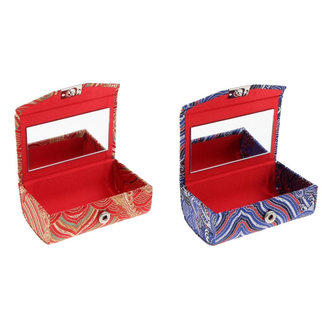 2x Embroidery Jewelry Makeup Double Lipstick Holder Case w/ Mirror Blue Red