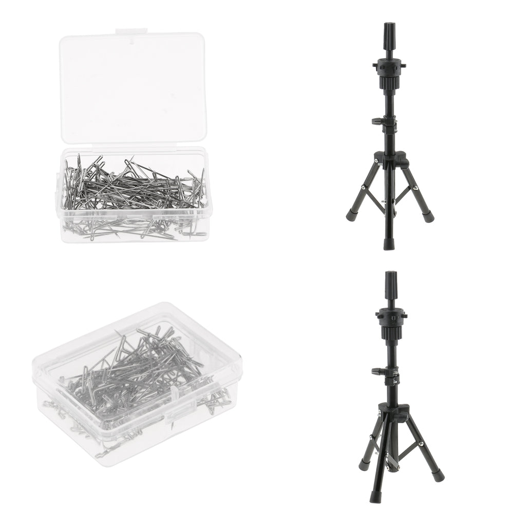 2PCS Mannequin Training Practice Head Holder Tripod Stand+T Needle Pin Set