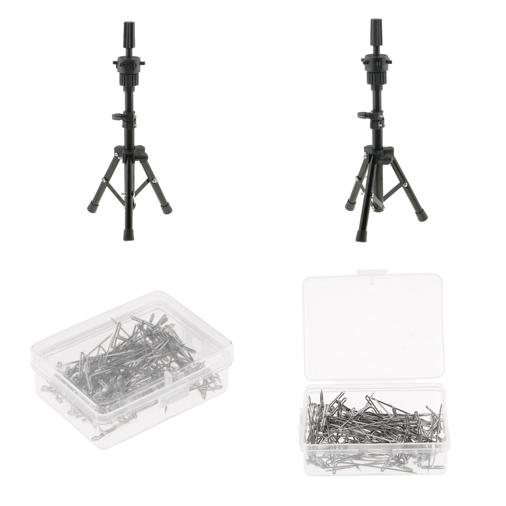 2PCS Mannequin Training Practice Head Holder Tripod Stand+T Needle Pin Set