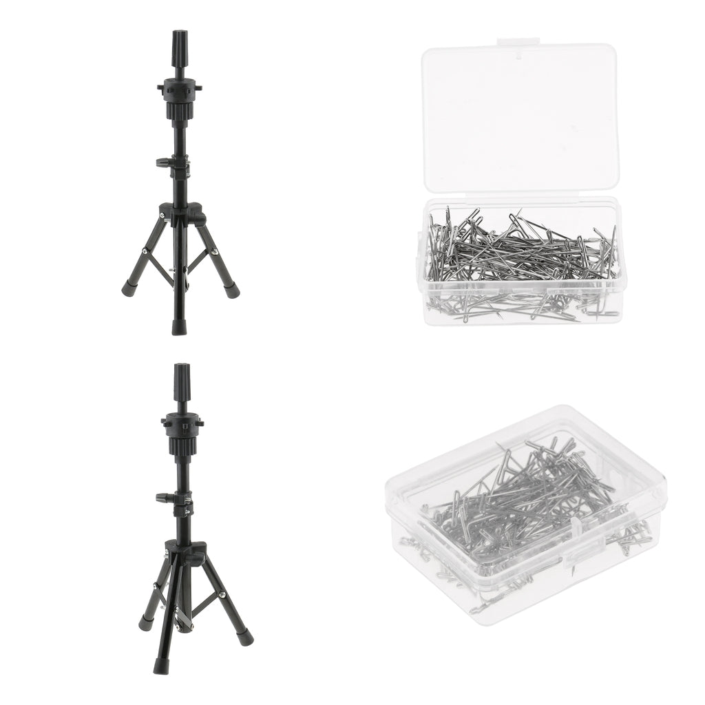 2PCS Mannequin Training Practice Head Holder Tripod Stand+T Needle Pin Set