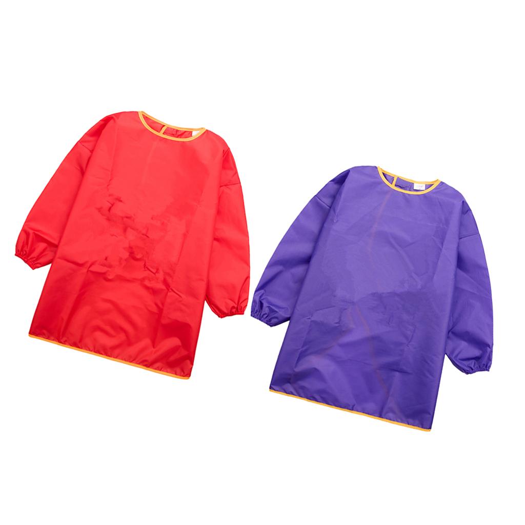 2x Kids Long Sleeve Apron Drawing Painting Waterproof Smock Red Purple