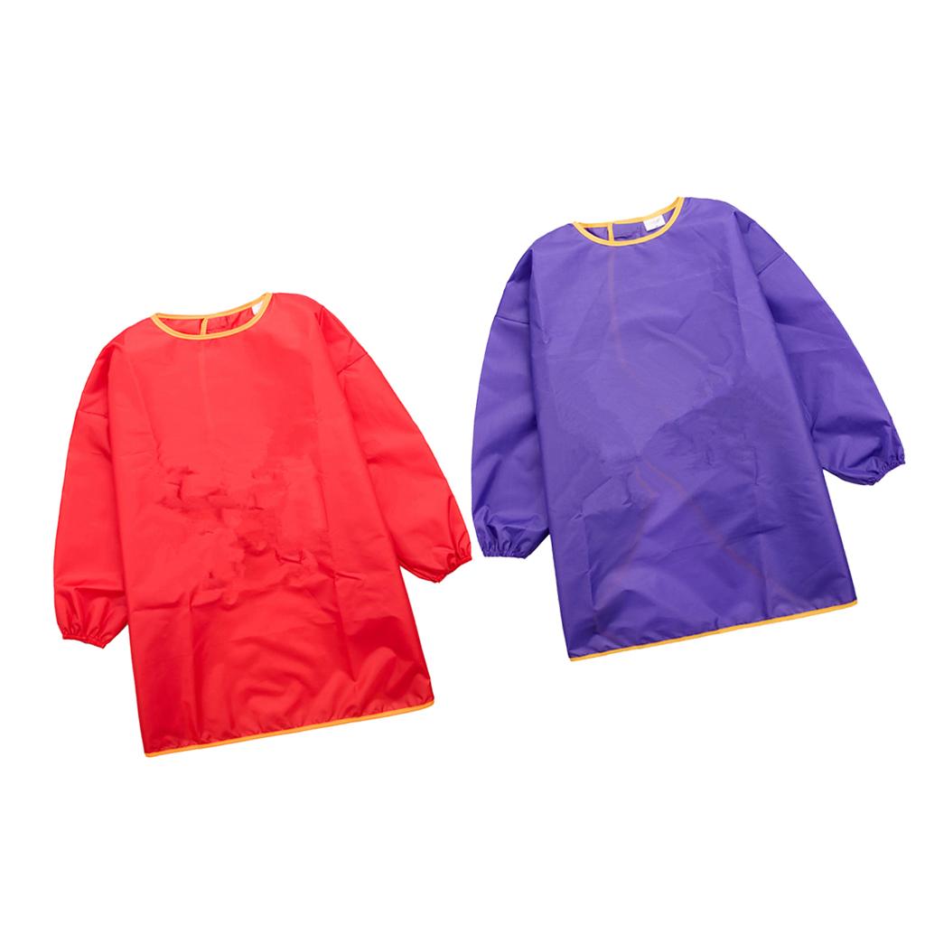 2x Kids Long Sleeve Apron Drawing Painting Waterproof Smock Red Purple