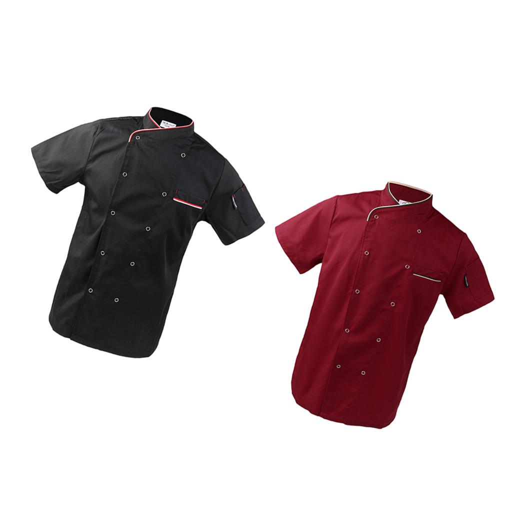 2Pcs Unisex Short Sleeve Chef Jacket Restaurant Cook Uniform 3XL Black+Red