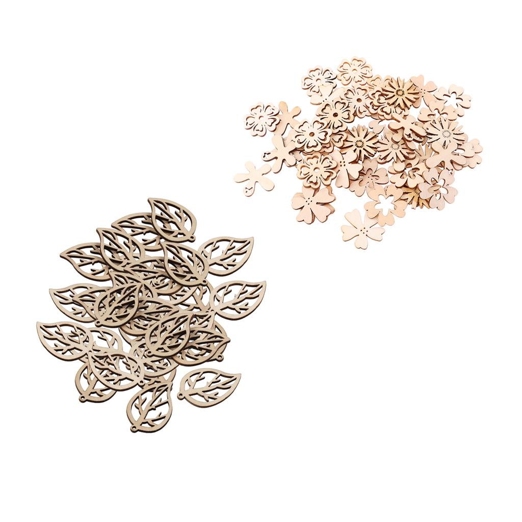 80 Pcs Natural Leaves and Flower Wood Embellishment DIY Decoration Crafts