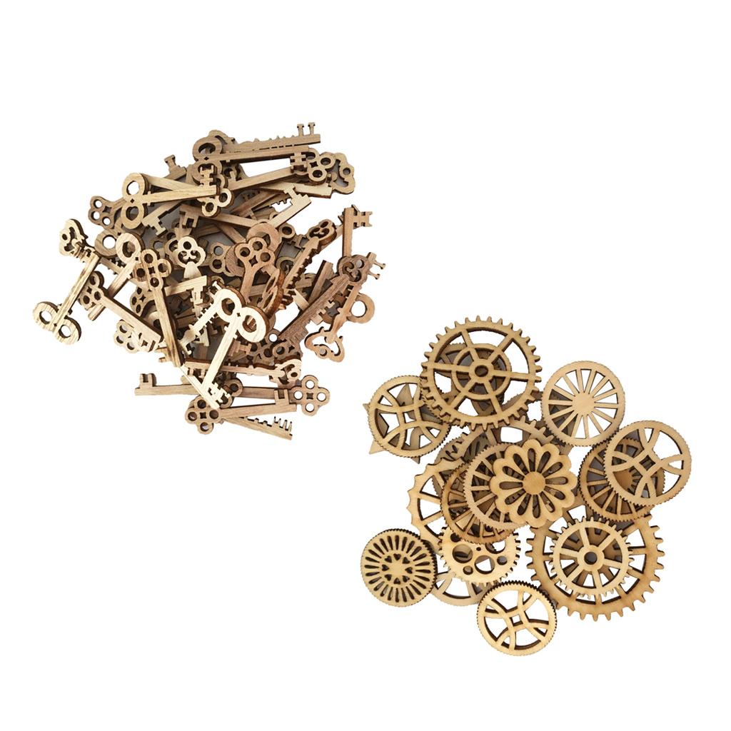 100pcs Key and Gear Shape Wood Adornment Craft Wooden Hanging Embellishments