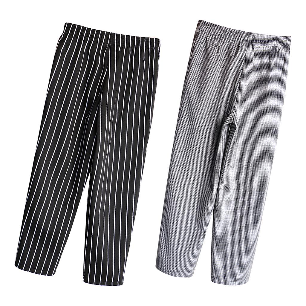 2x Chef Working Pants Elastic Cook Work Trousers XXL Stripe + Houndstooth