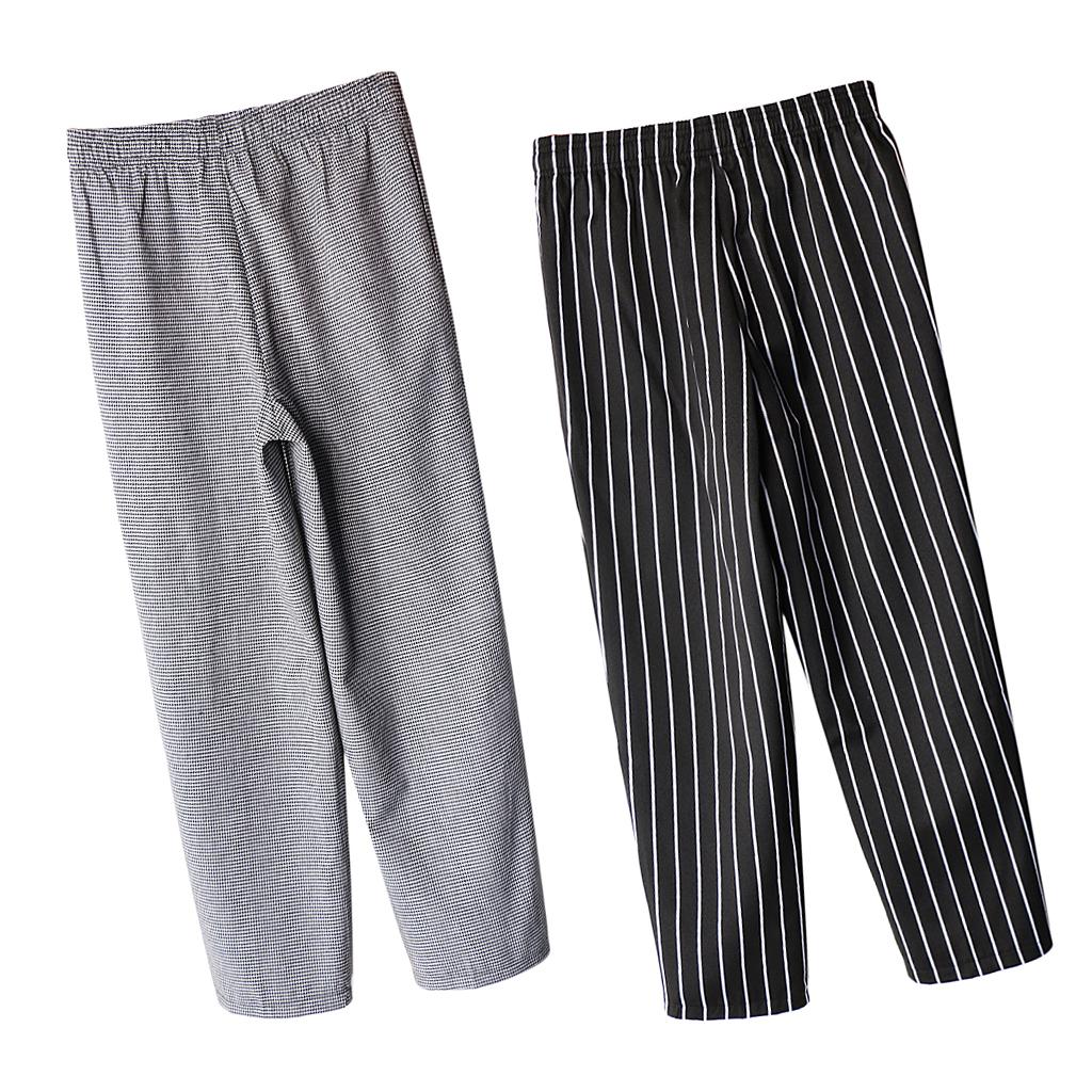 2x Chef Working Pants Elastic Cook Work Trousers XXL Stripe + Houndstooth