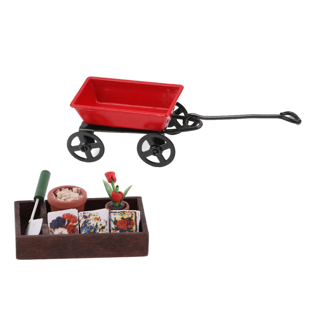 1/12 Dollhouse Miniature Horticulture Gardening Box Kit And Metal Cart Model