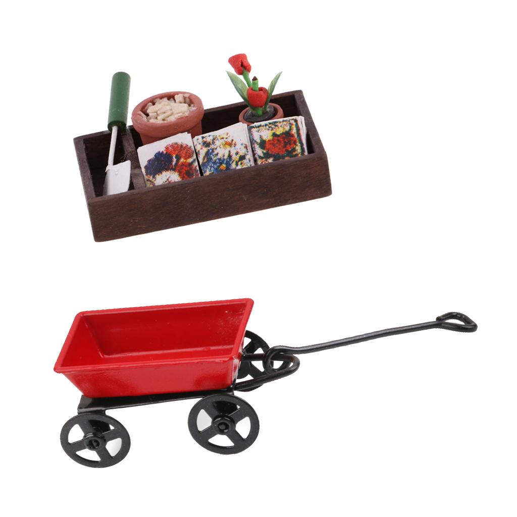 1/12 Dollhouse Miniature Horticulture Gardening Box Kit And Metal Cart Model