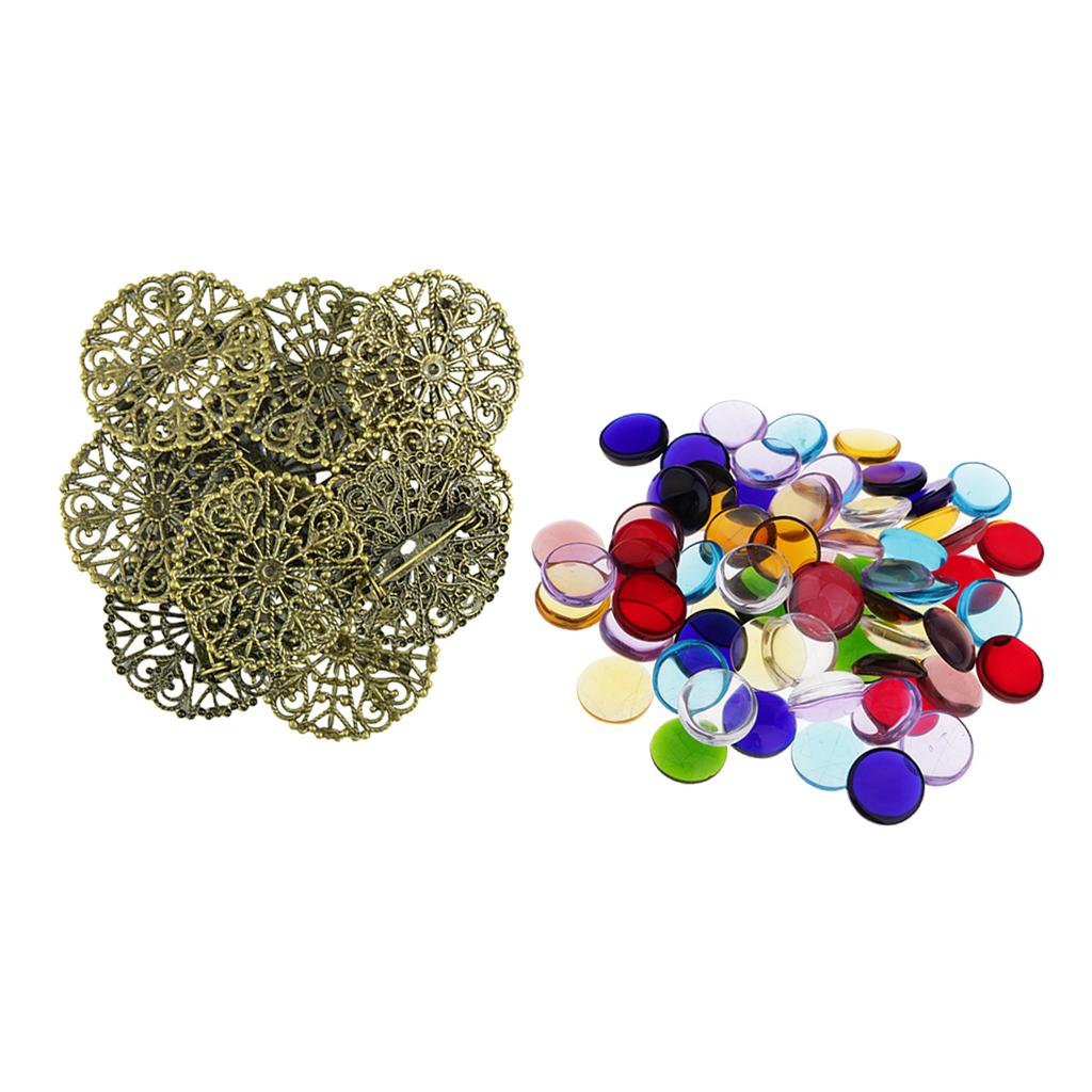 100g Colorful Round Glass Mosaic+10 Pieces Pin Back Blank Brooch Settings
