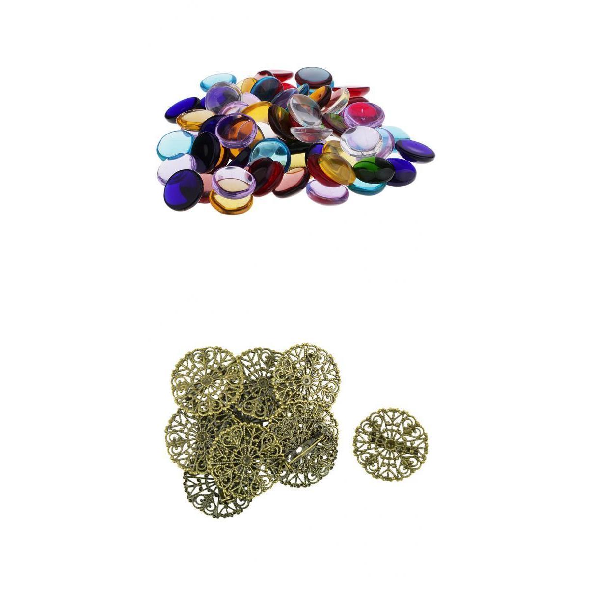 100g Colorful Round Glass Mosaic+10 Pieces Pin Back Blank Brooch Settings