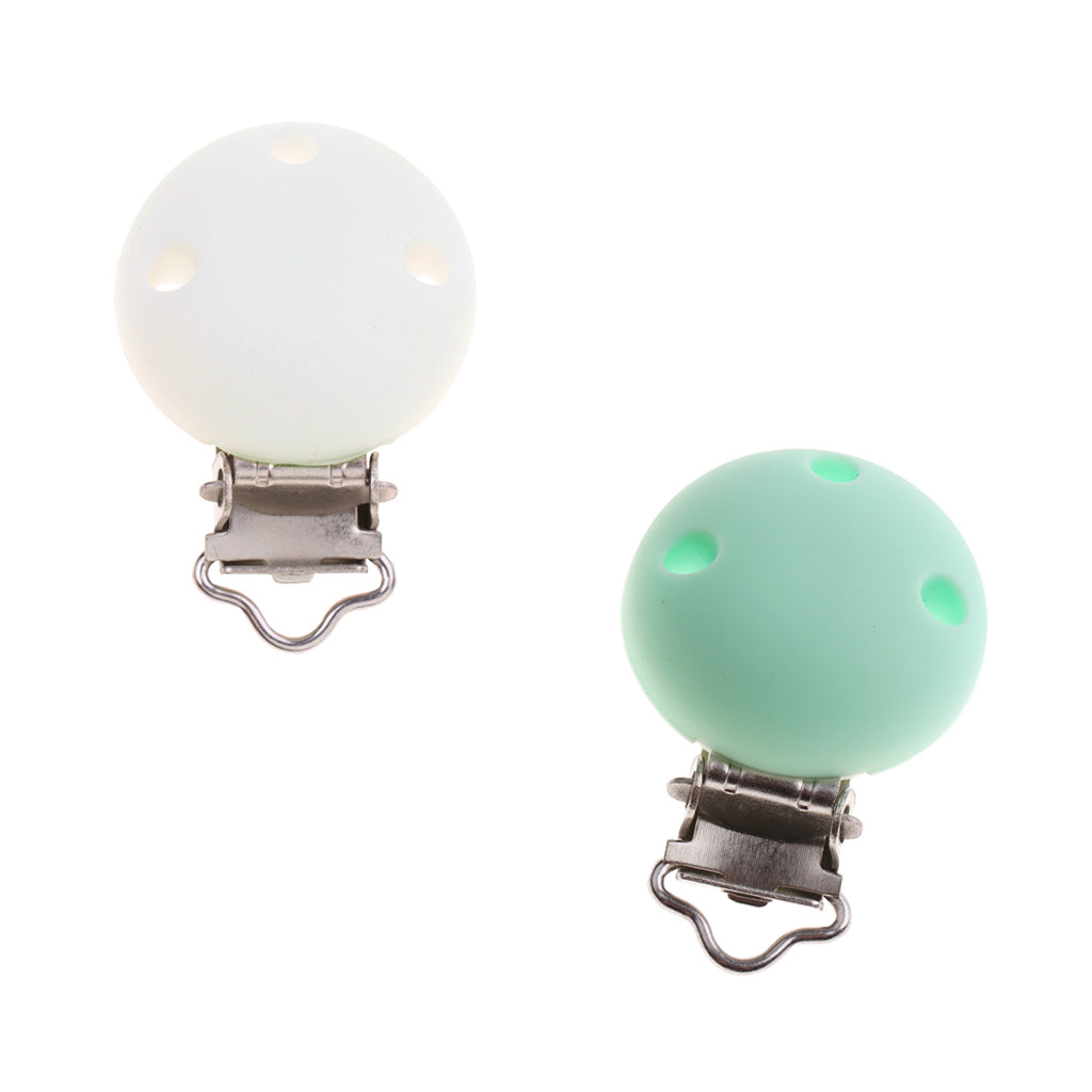2 Pcs Cute Baby Pacifier Round Silicone Soother Clip Metal Holders Clasp