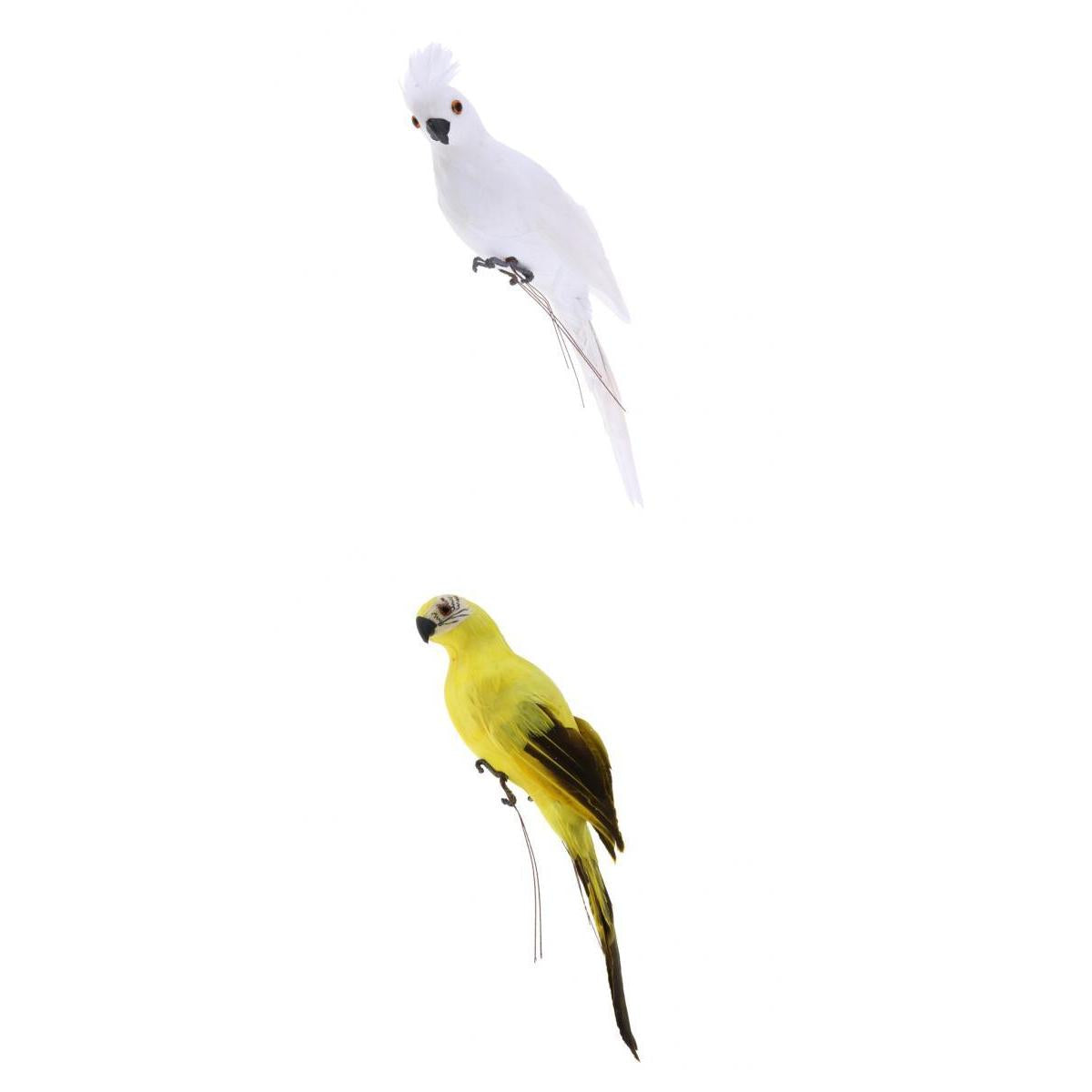 2x Realistic Parrot Artificial Feather Bird Animal Ornament White Yellow