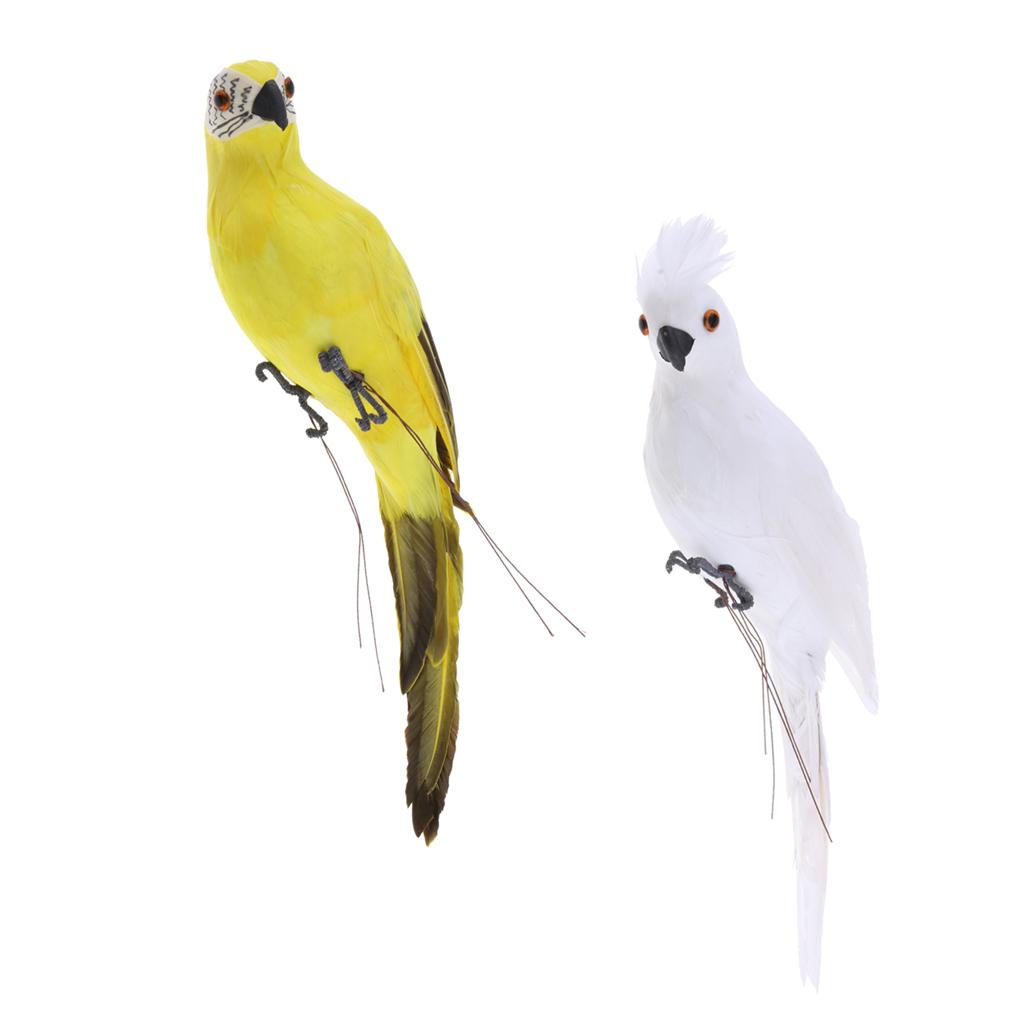 2x Realistic Parrot Artificial Feather Bird Animal Ornament White Yellow