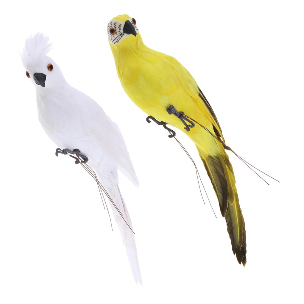 2x Realistic Parrot Artificial Feather Bird Animal Ornament White Yellow