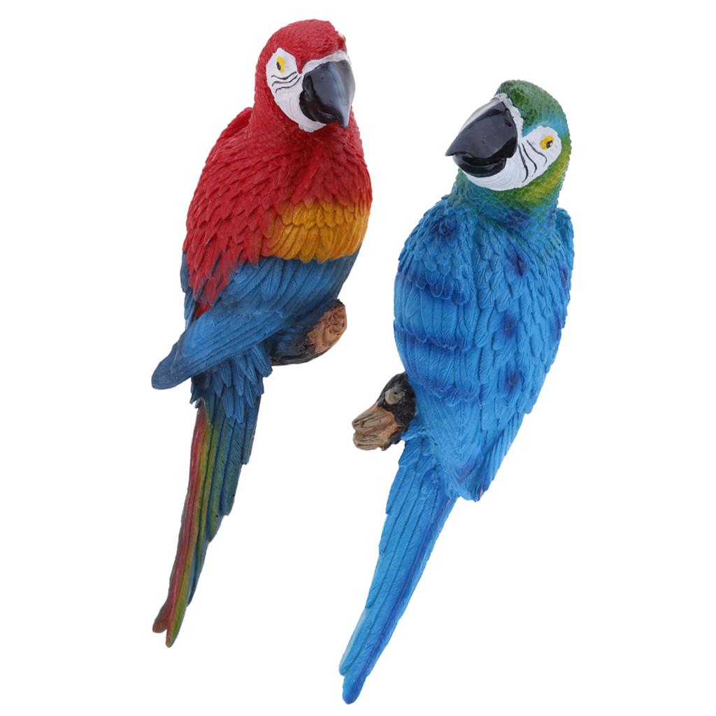 2x Resin Parrot Bird Model Toy Animal Ornament Hanging Decor Red & Blue 31cm