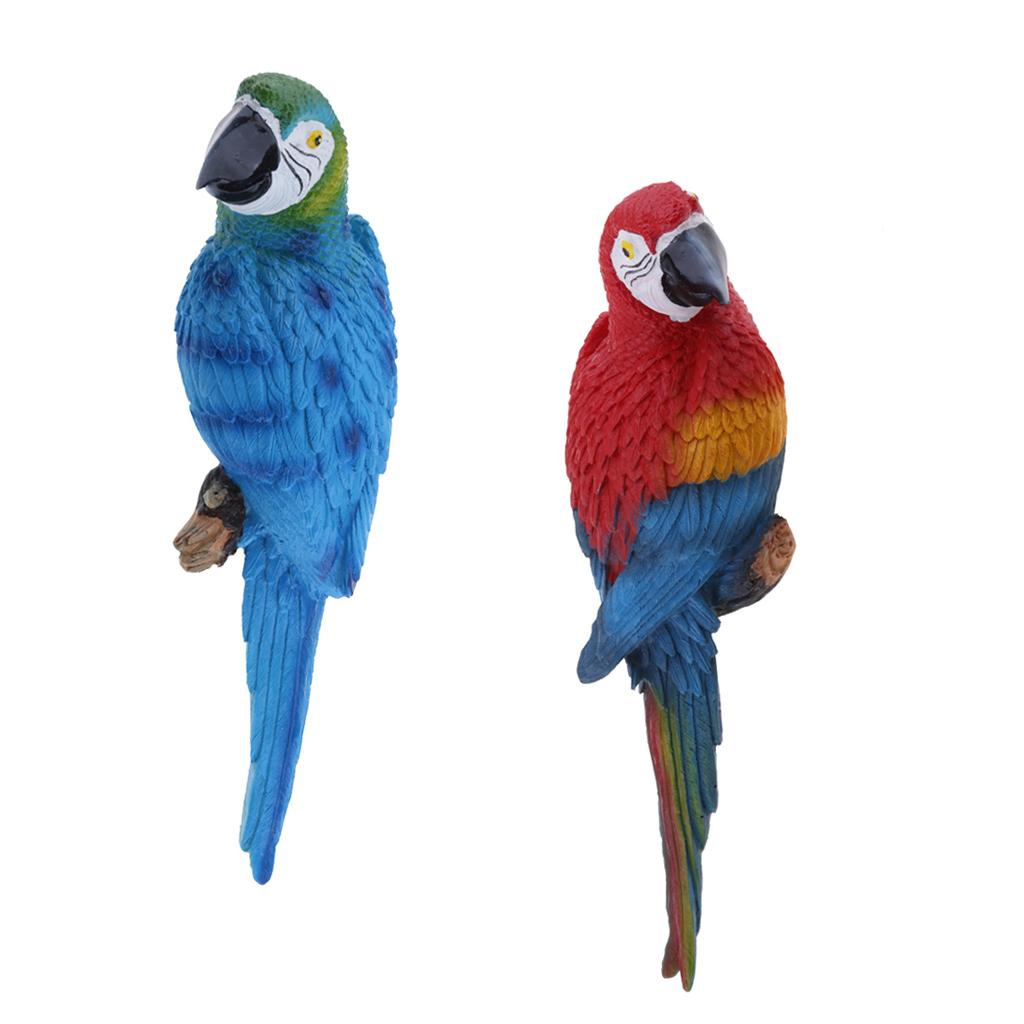 2x Resin Parrot Bird Model Toy Animal Ornament Hanging Decor Red & Blue 31cm
