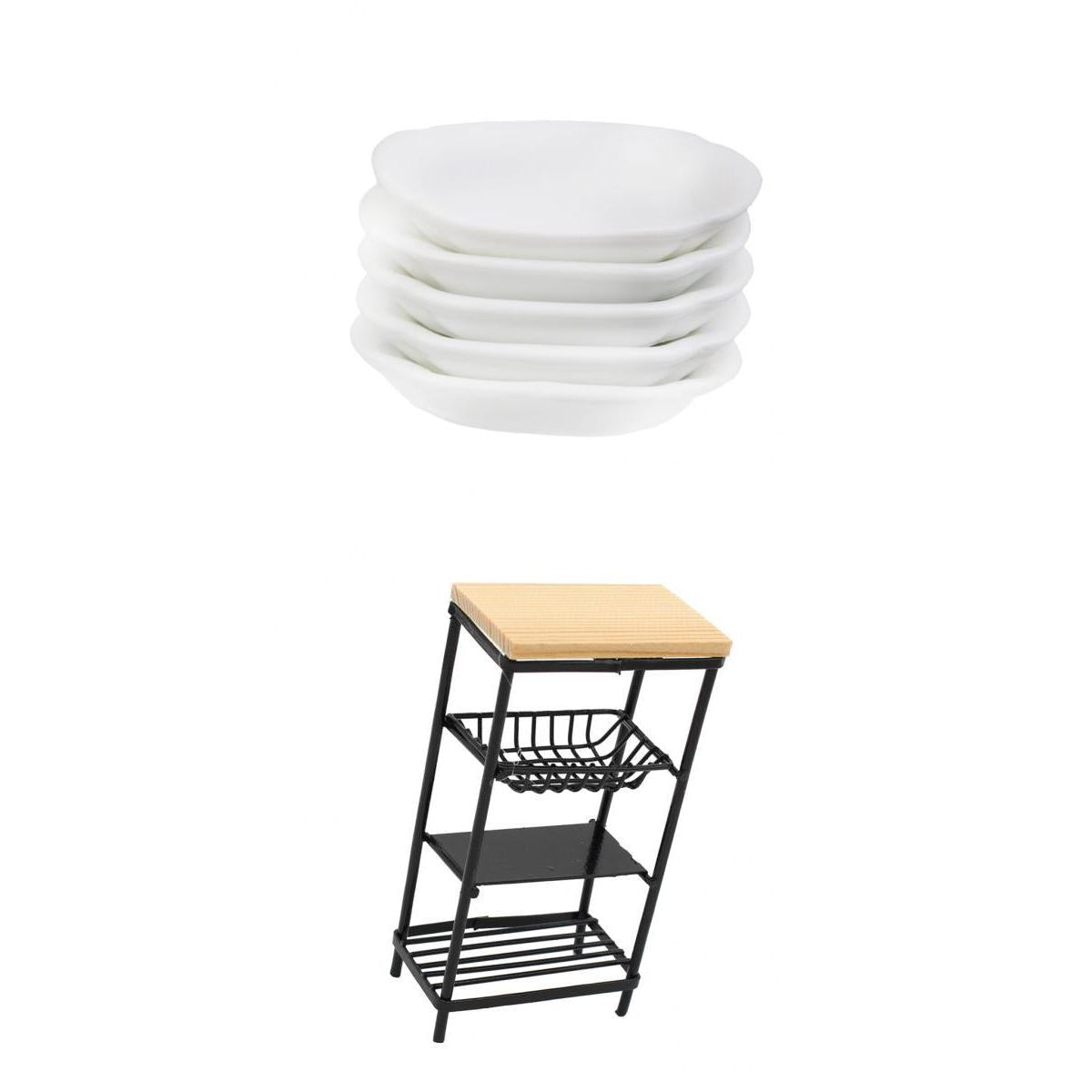 1/12 Dollhouse Miniature Ceramic Dishes & Metal Rack Kitchen Furniture Decor
