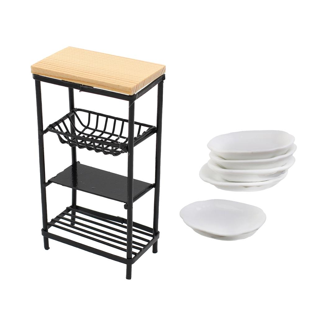 1/12 Dollhouse Miniature Ceramic Dishes & Metal Rack Kitchen Furniture Decor