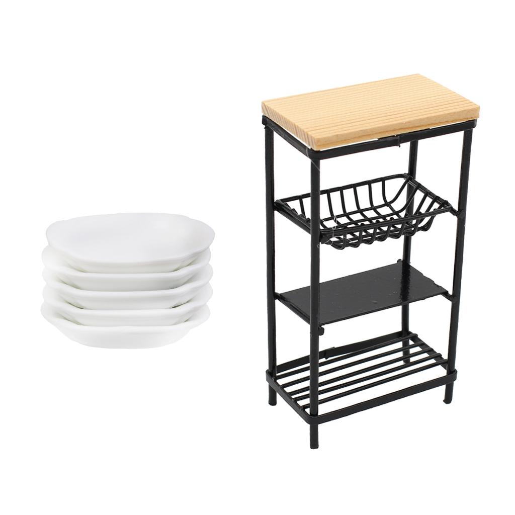 1/12 Dollhouse Miniature Ceramic Dishes & Metal Rack Kitchen Furniture Decor