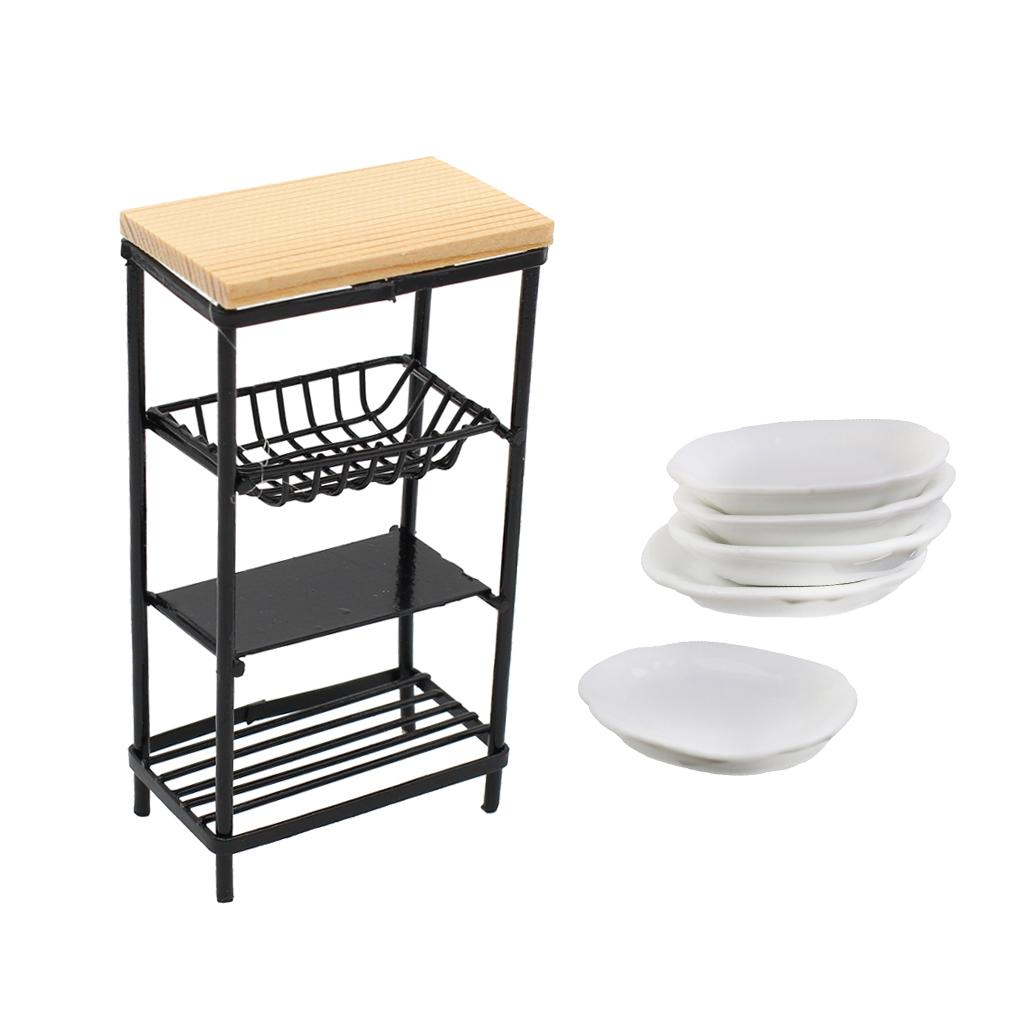 1/12 Dollhouse Miniature Ceramic Dishes & Metal Rack Kitchen Furniture Decor