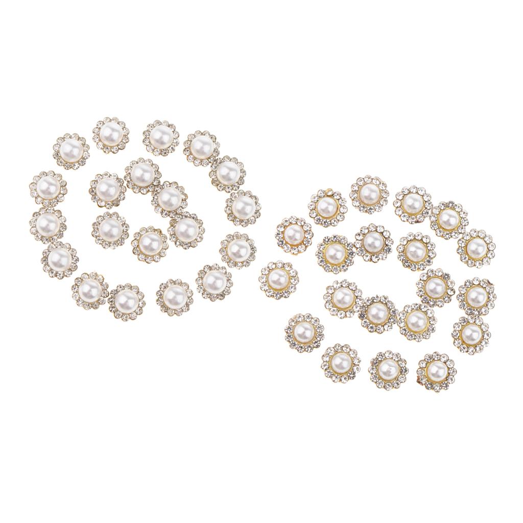 40x Faux Pearl Buttons Rhinestone Embellishments Flatback for DIY 10mm+8mm