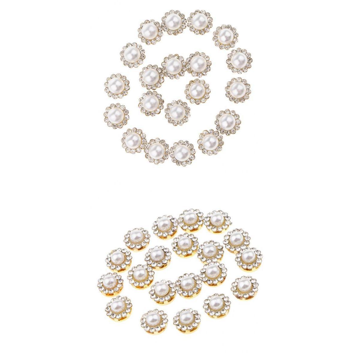 40x Faux Pearl Buttons Rhinestone Embellishments Flatback for DIY 10mm+8mm