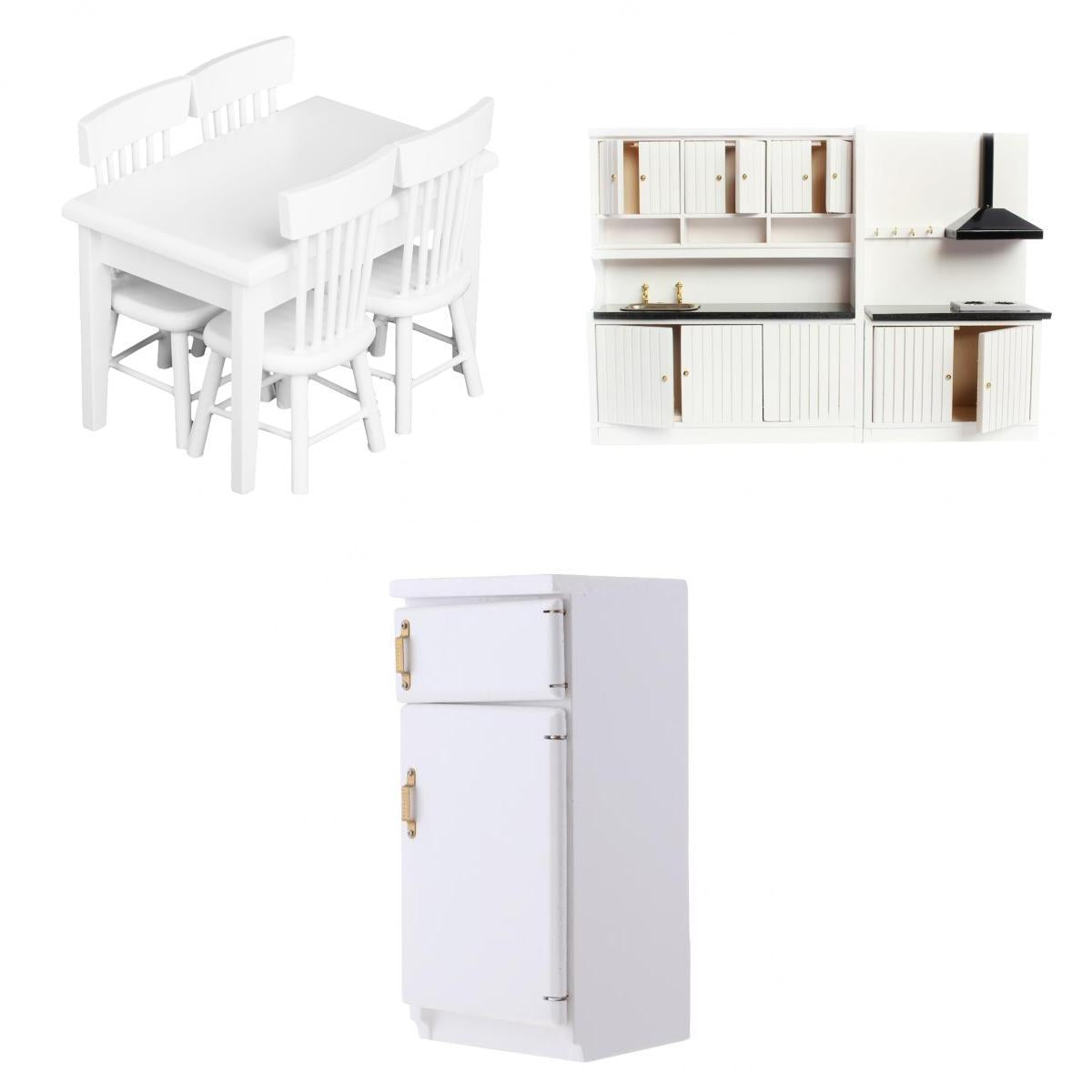 1/12 Dollhouse Miniature Wood Kitchen Furniture Set Fridge Table Chair
