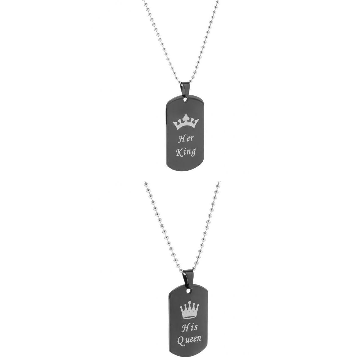 2pcs Her King & His Queen Dog Tag Pendant Couple Necklace Lovers Beads Chain