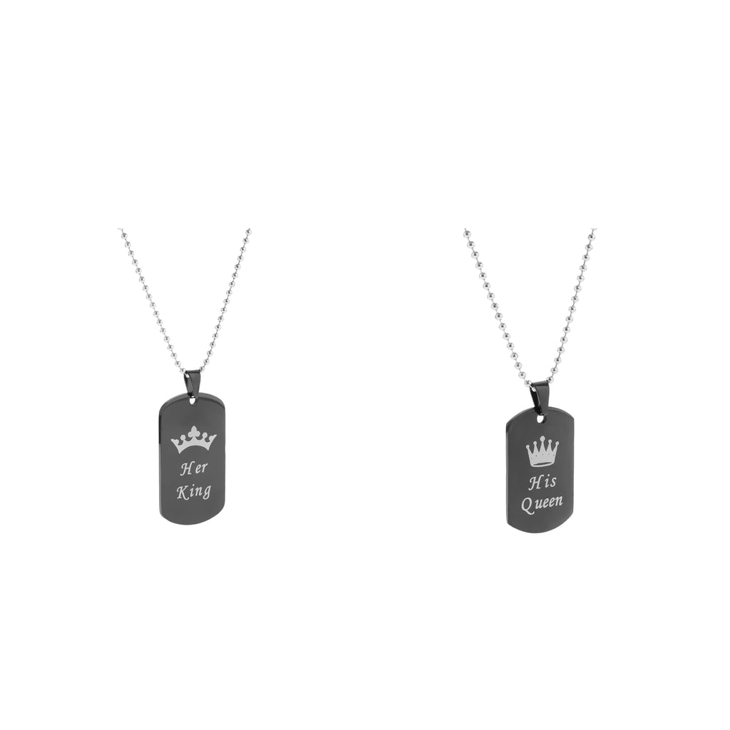 2pcs Her King & His Queen Dog Tag Pendant Couple Necklace Lovers Beads Chain