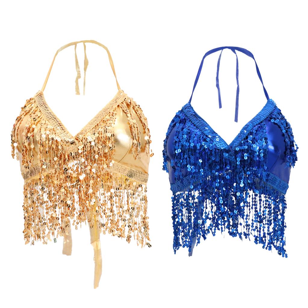 2pieces Belly Dance Costume Bra Halter Top Sequin Performance Outfits