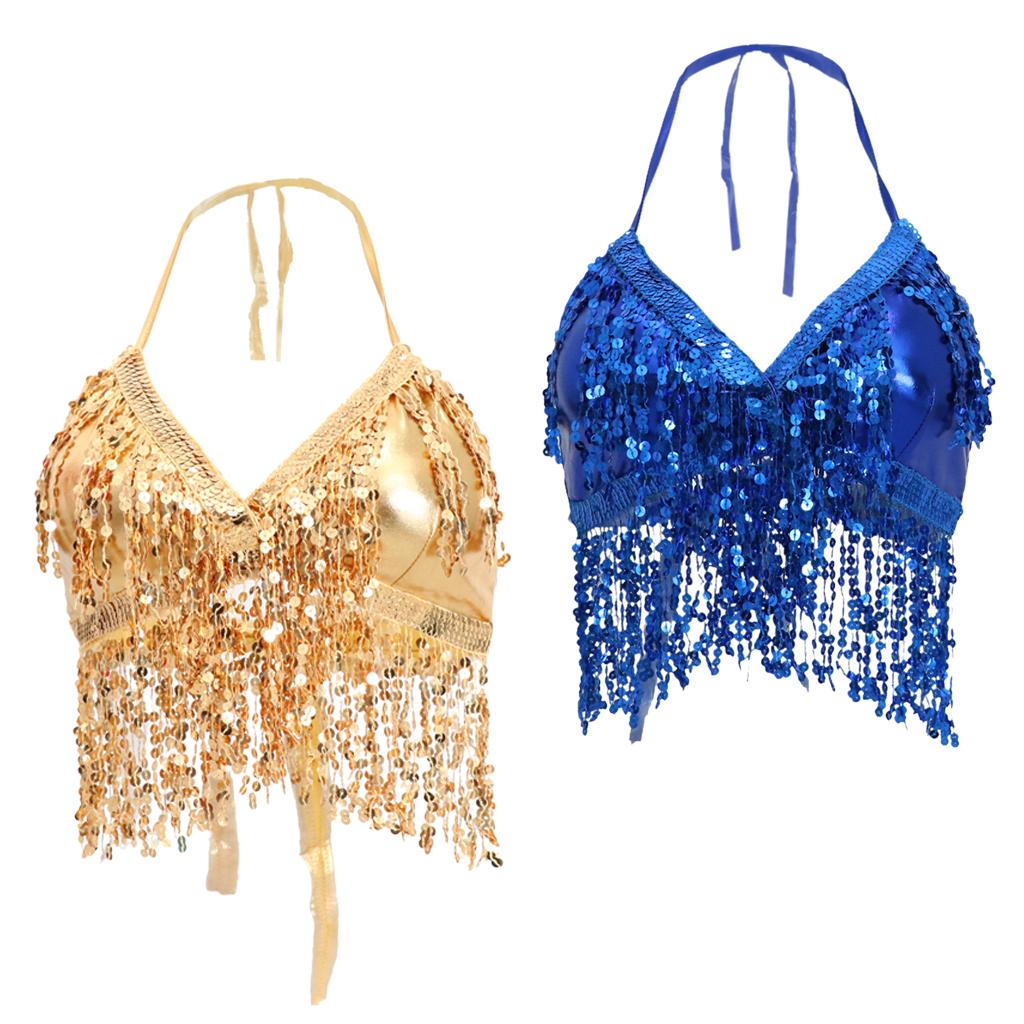 2pieces Belly Dance Costume Bra Halter Top Sequin Performance Outfits