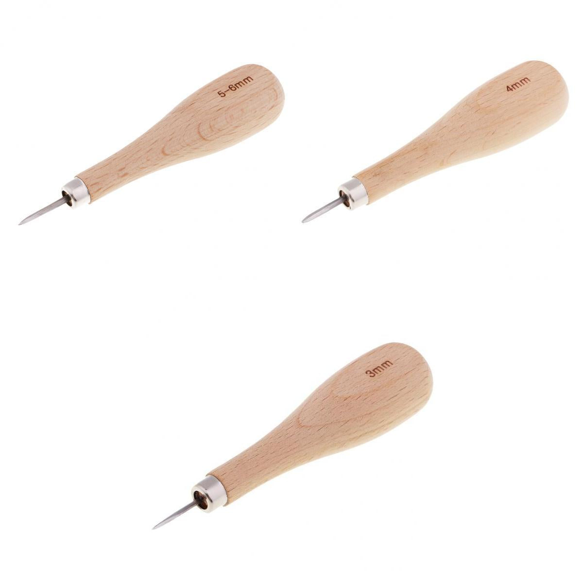 1 Set Wood Handle Steel Straight Sewing Awl for Leather Crafts Making 3-6mm