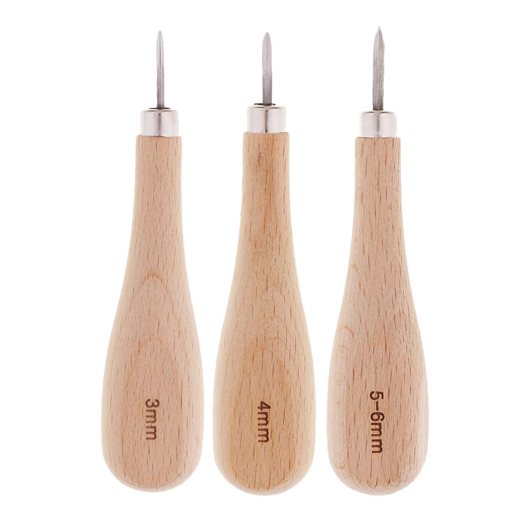 1 Set Wood Handle Steel Straight Sewing Awl for Leather Crafts Making 3-6mm