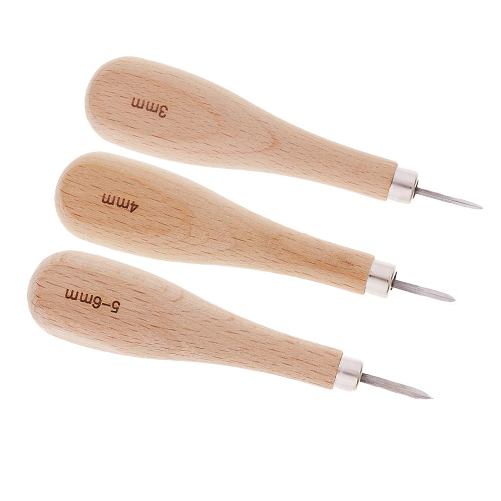 1 Set Wood Handle Steel Straight Sewing Awl for Leather Crafts Making 3-6mm