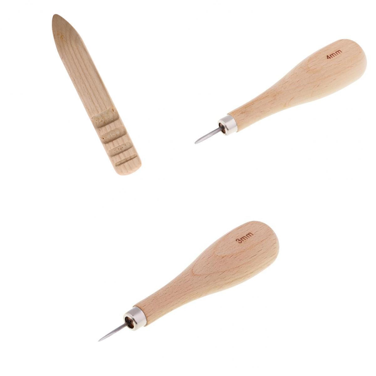 3pcs Wood Sewing Stitching Awl + Leather Edge Slicker for Leather Crafts