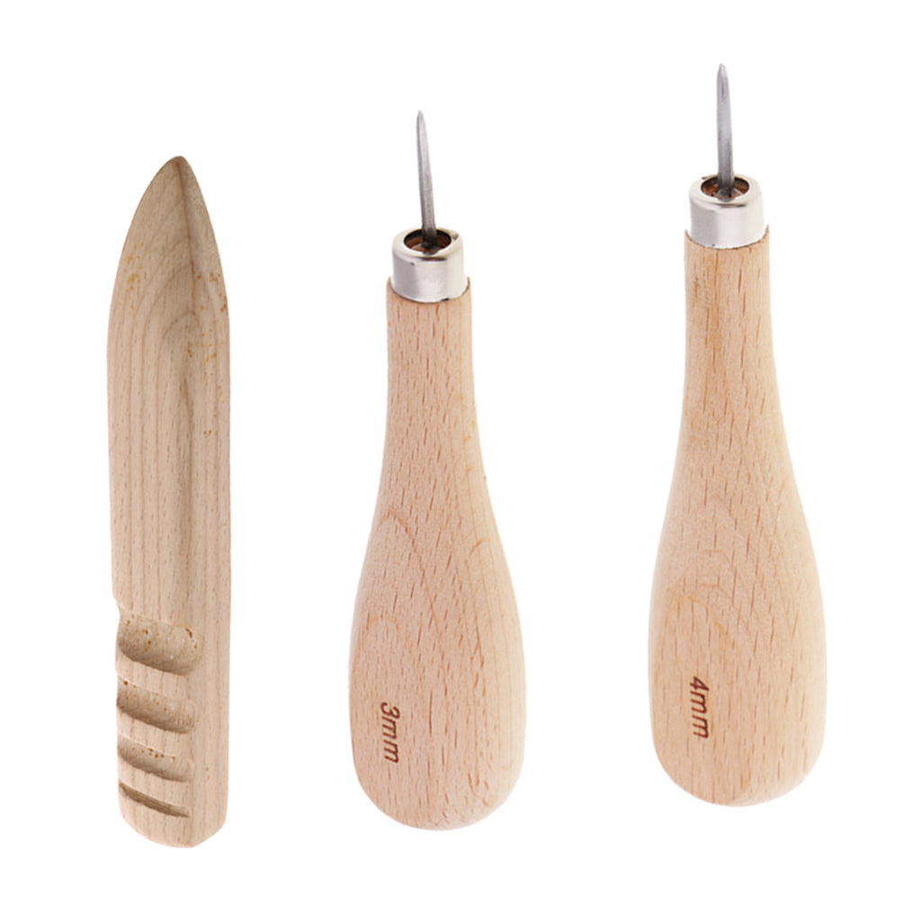3pcs Wood Sewing Stitching Awl + Leather Edge Slicker for Leather Crafts