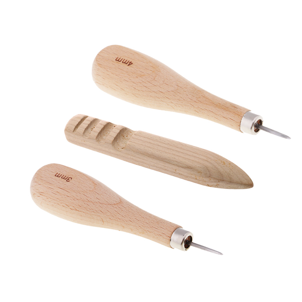 3pcs Wood Sewing Stitching Awl + Leather Edge Slicker for Leather Crafts