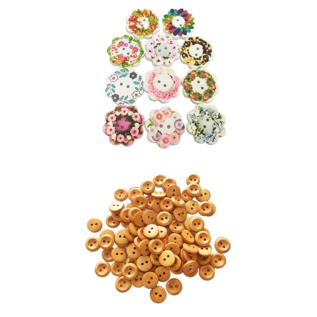 200Pcs 2 Holes Flower & Round Sewing Wooden Buttons for Kids DIY Accessories