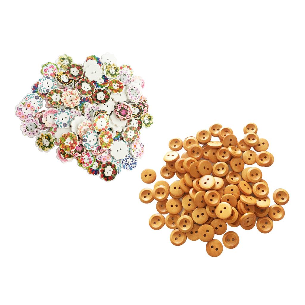 200Pcs 2 Holes Flower & Round Sewing Wooden Buttons for Kids DIY Accessories