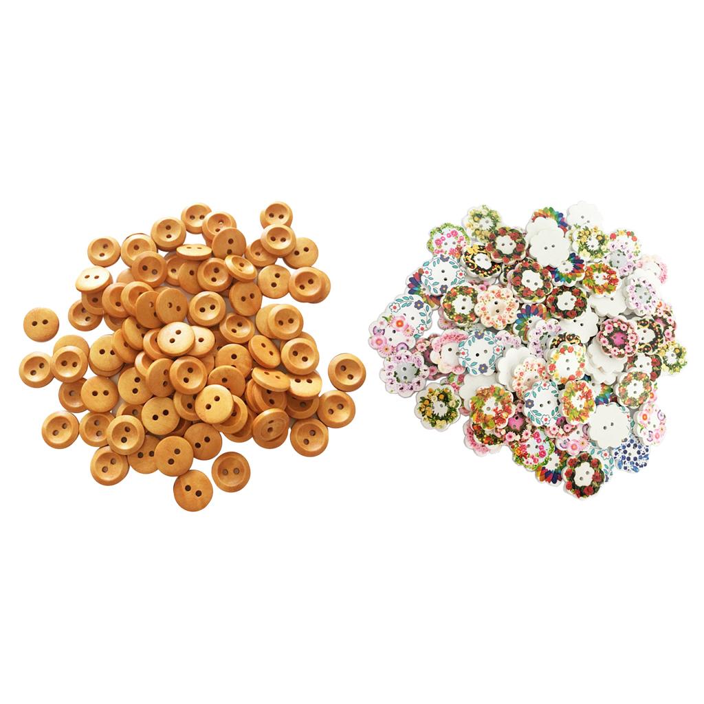 200Pcs 2 Holes Flower & Round Sewing Wooden Buttons for Kids DIY Accessories