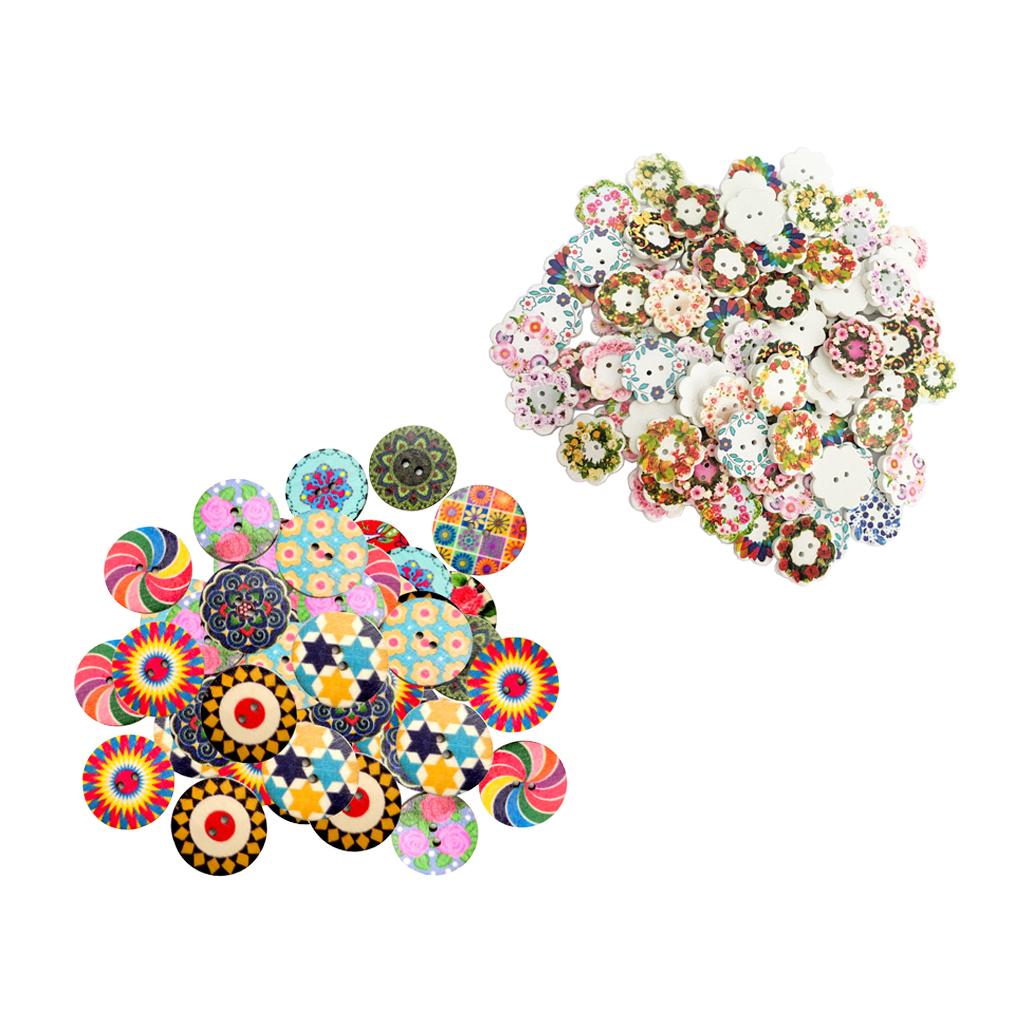 200Pcs 2 Holes Painted Flower Sewing Wooden Button for Clothes Accessories